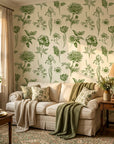 Emerald Peony green botanical floral wallpaper in a warm and inviting living room