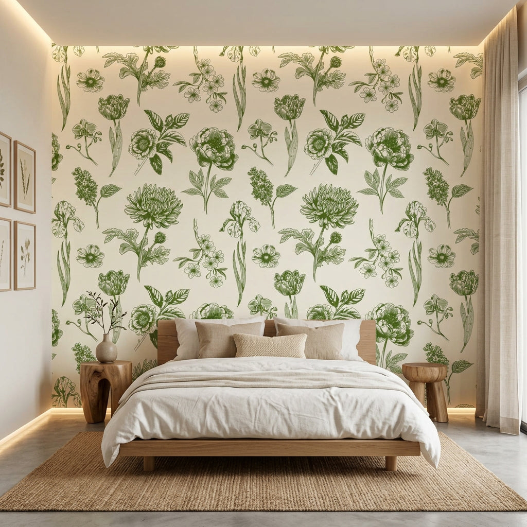 Emerald Peony green botanical floral wallpaper adding character to a cozy bedroom