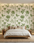Emerald Peony green botanical floral wallpaper adding character to a cozy bedroom