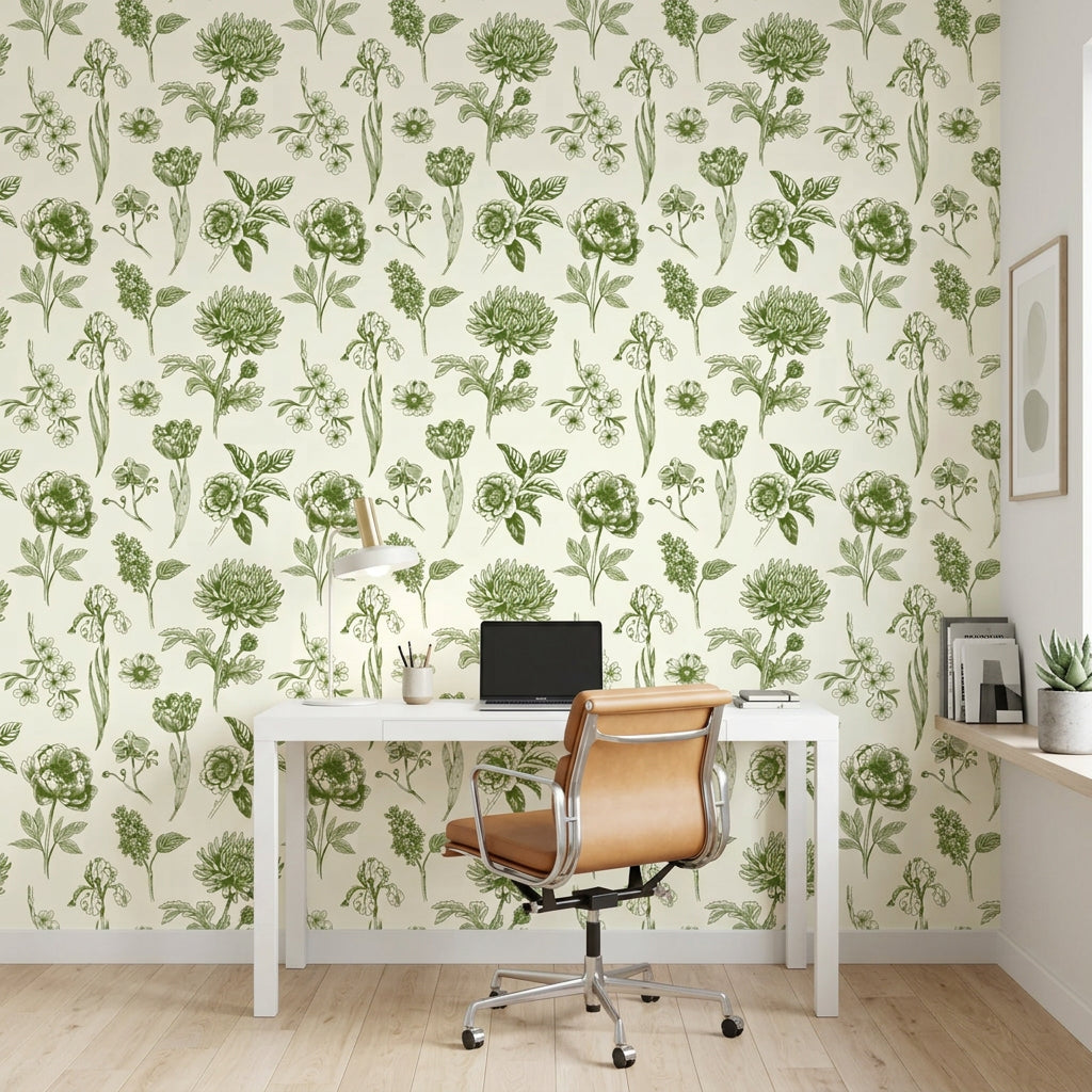 Emerald Peony green botanical floral wallpaper as a feature wall in a bright home office