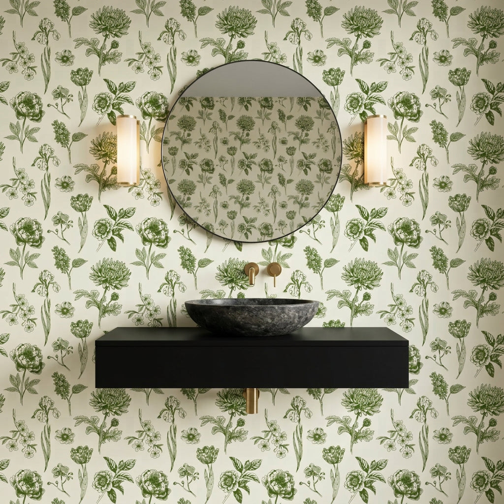 Emerald Peony green botanical floral wallpaper creating ambiance in a serene bathroom