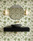 Emerald Peony green botanical floral wallpaper creating ambiance in a serene bathroom