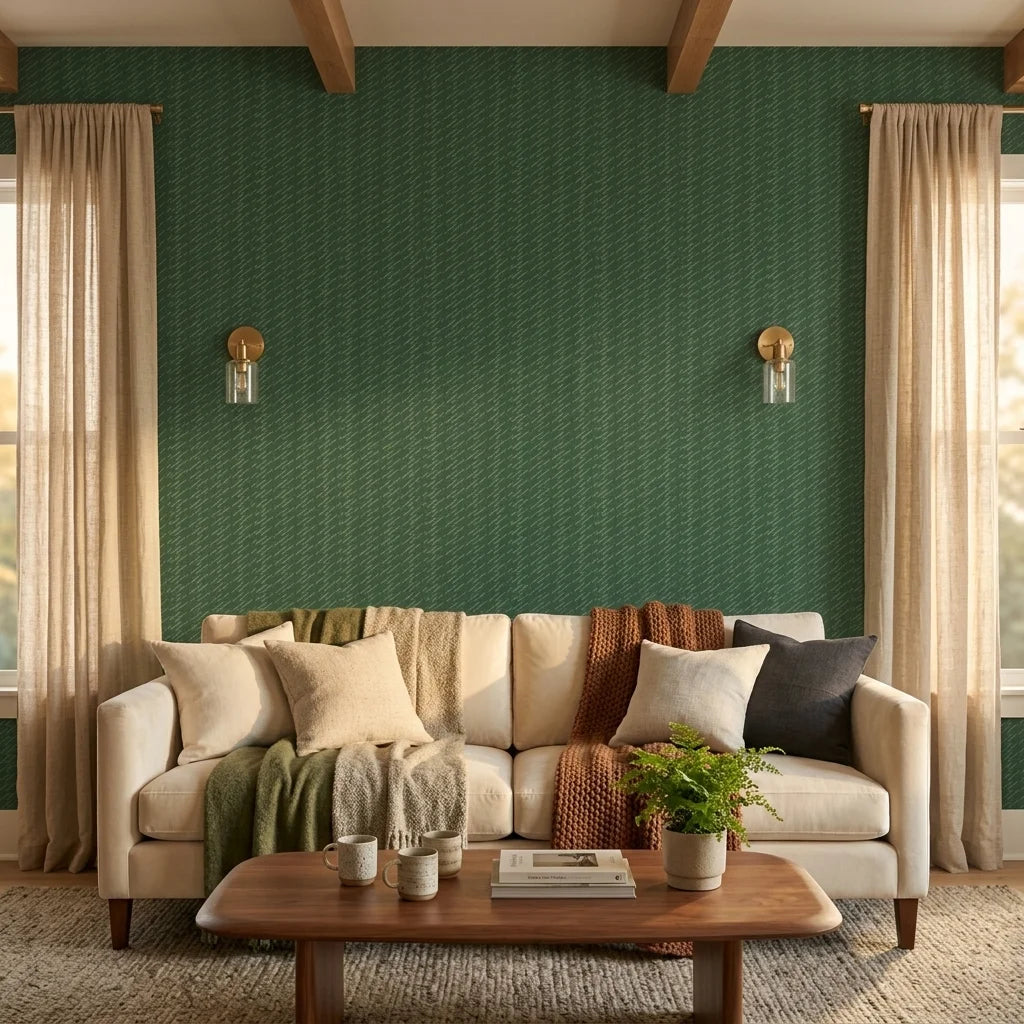 Emerald Slant forest green abstract wallpaper in a warm and inviting living room