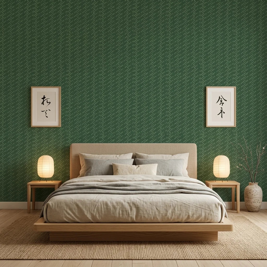 Emerald Slant forest green abstract wallpaper adding character to a cozy bedroom