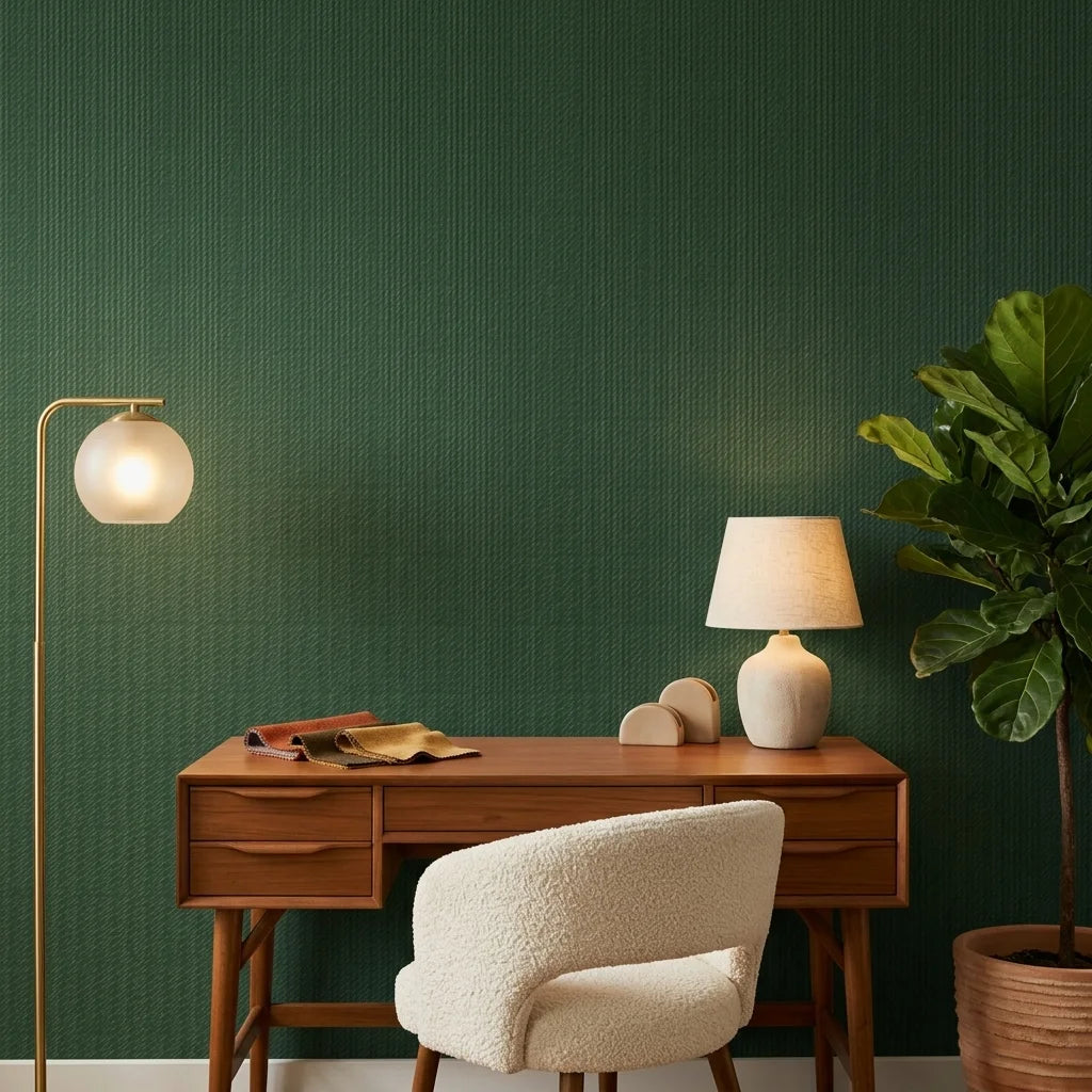 Emerald Slant forest green abstract wallpaper as a feature wall in a bright home office