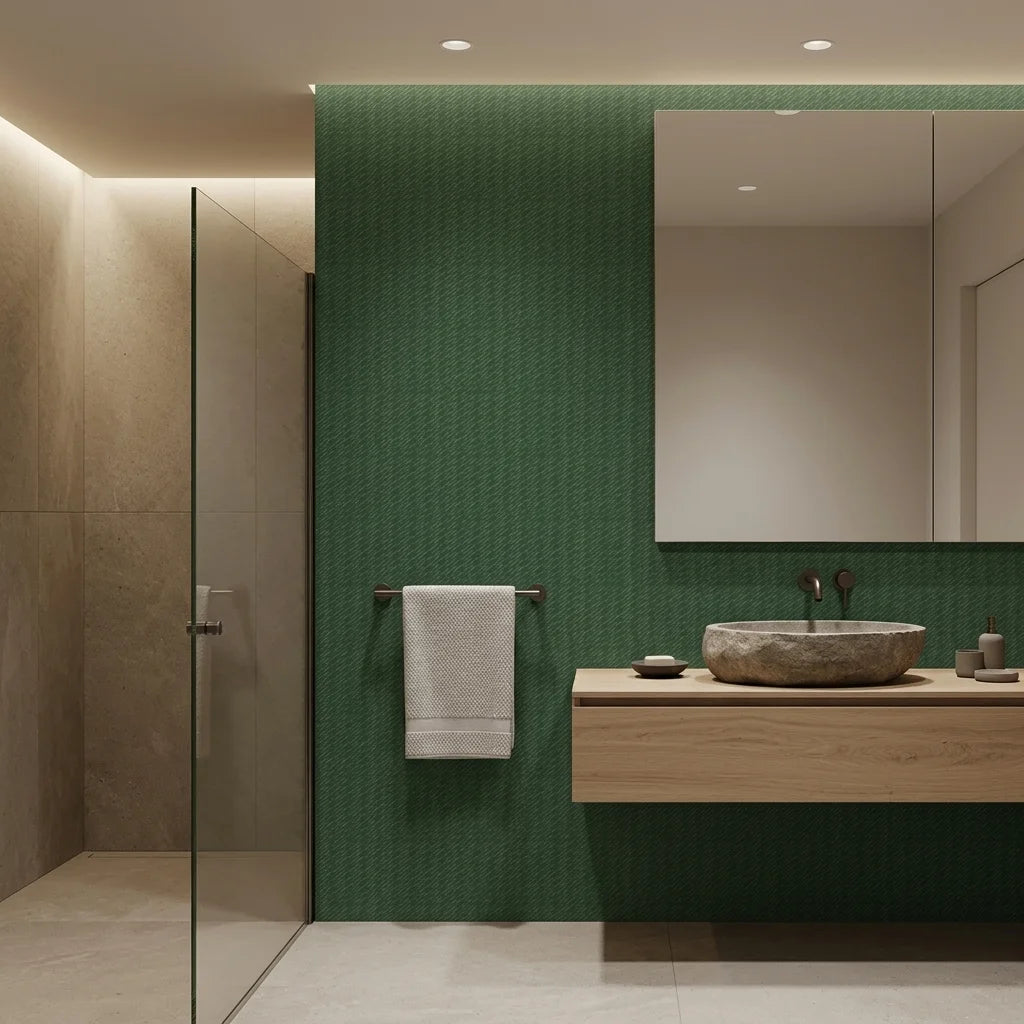 Emerald Slant forest green abstract wallpaper creating ambiance in a serene bathroom