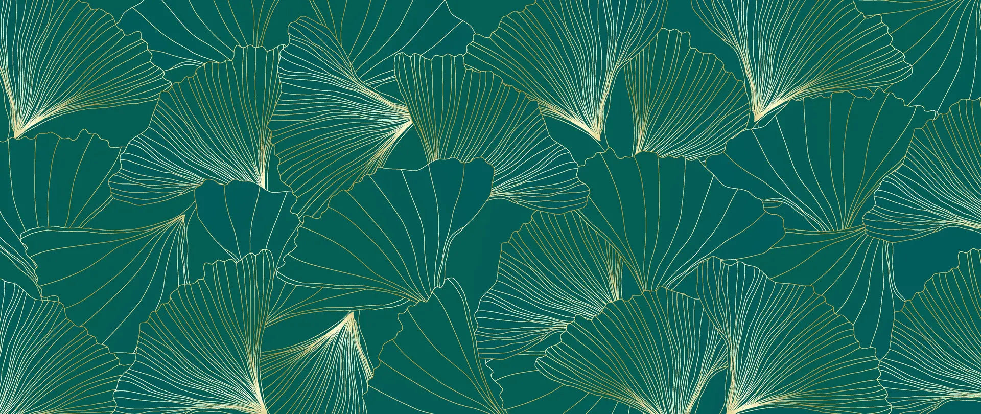 Emerald Veil refined green and gold ginkgo leaf mural wallpaper