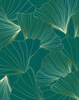 Emerald Veil refined green and gold ginkgo leaf mural wallpaper