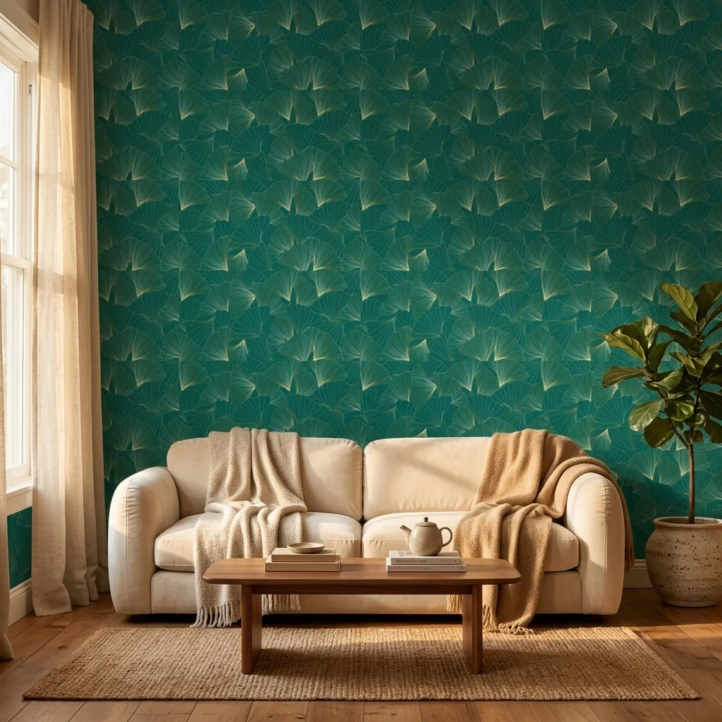 Emerald Veil refined green and gold ginkgo leaf mural wallpaper creating ambiance in a serene bathroom