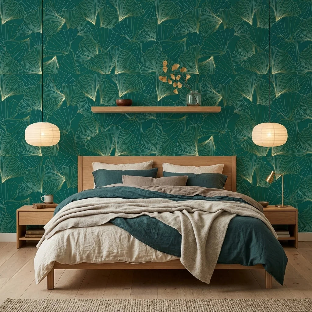 Emerald Veil refined green and gold ginkgo leaf mural wallpaper in a warm and inviting living room