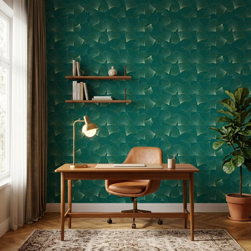 Emerald Veil refined green and gold ginkgo leaf mural wallpaper adding character to a cozy bedroom