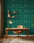Emerald Veil refined green and gold ginkgo leaf mural wallpaper adding character to a cozy bedroom