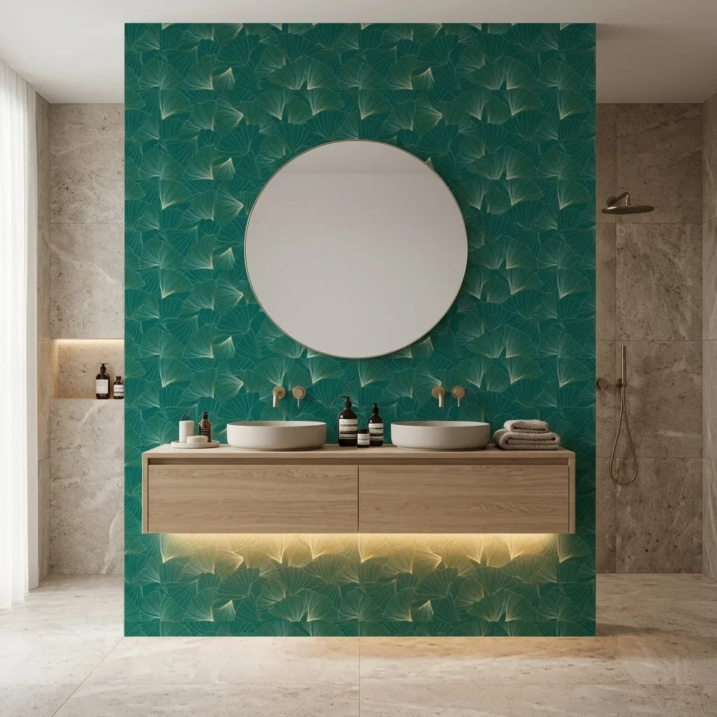 Emerald Veil refined green and gold ginkgo leaf mural wallpaper as a feature wall in a bright home office