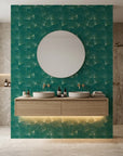 Emerald Veil refined green and gold ginkgo leaf mural wallpaper as a feature wall in a bright home office
