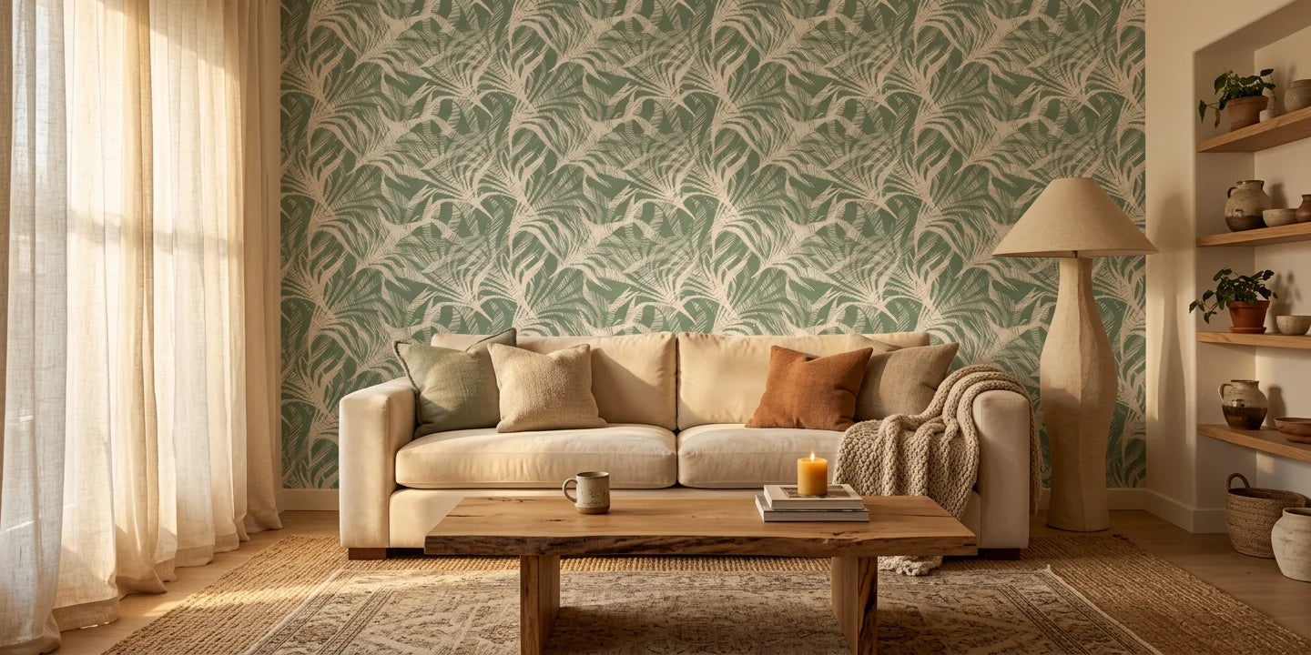 Emerald Whispers delicate leaf wallpaper in a warm and inviting living room