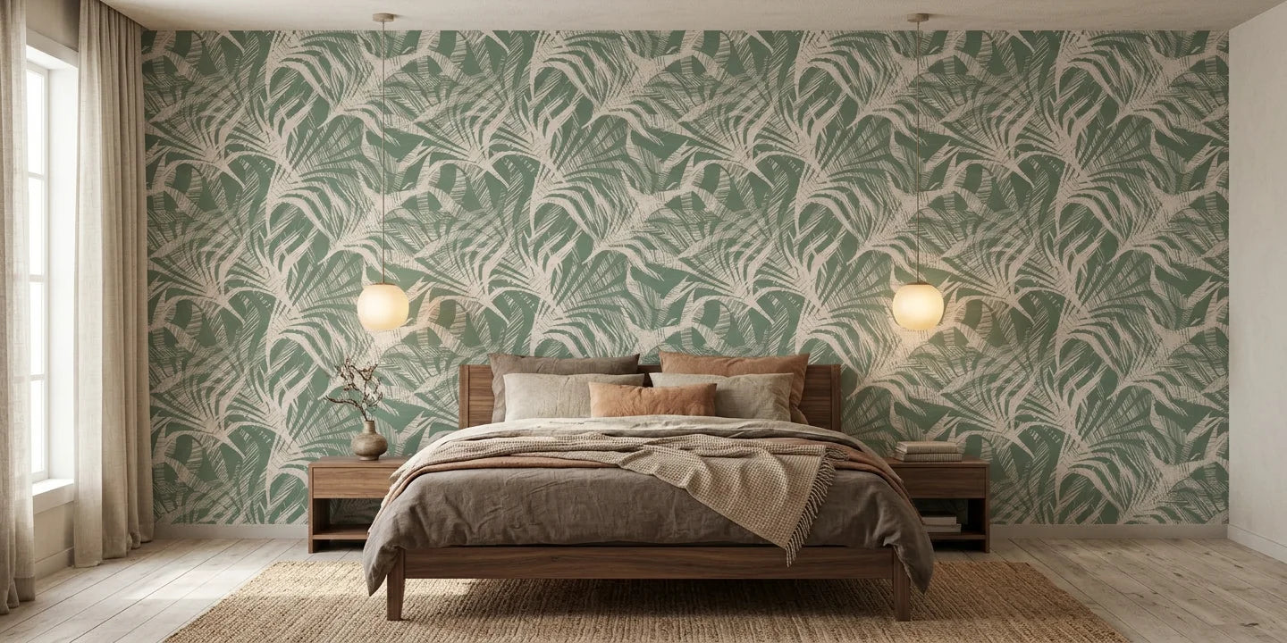 Emerald Whispers delicate leaf wallpaper adding character to a cozy bedroom