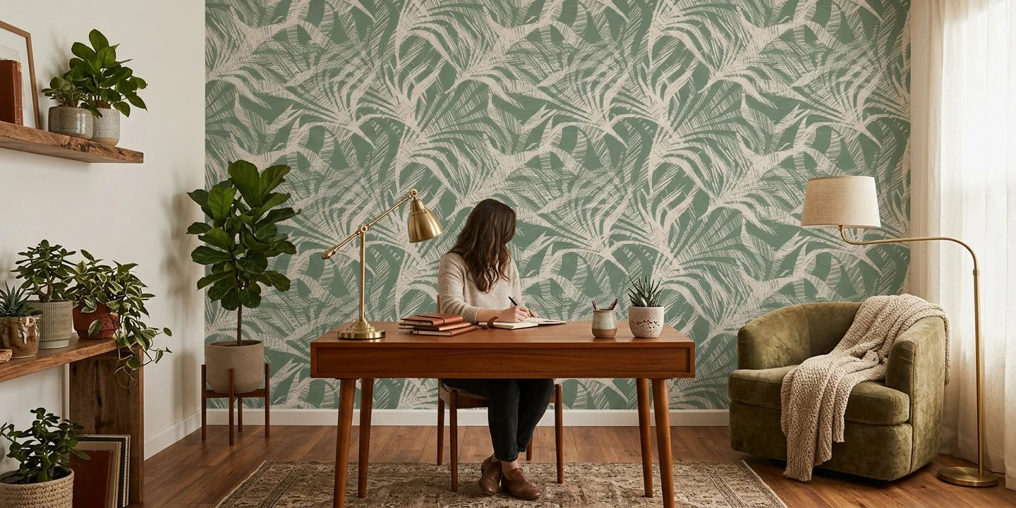 Emerald Whispers delicate leaf wallpaper as a feature wall in a bright home office