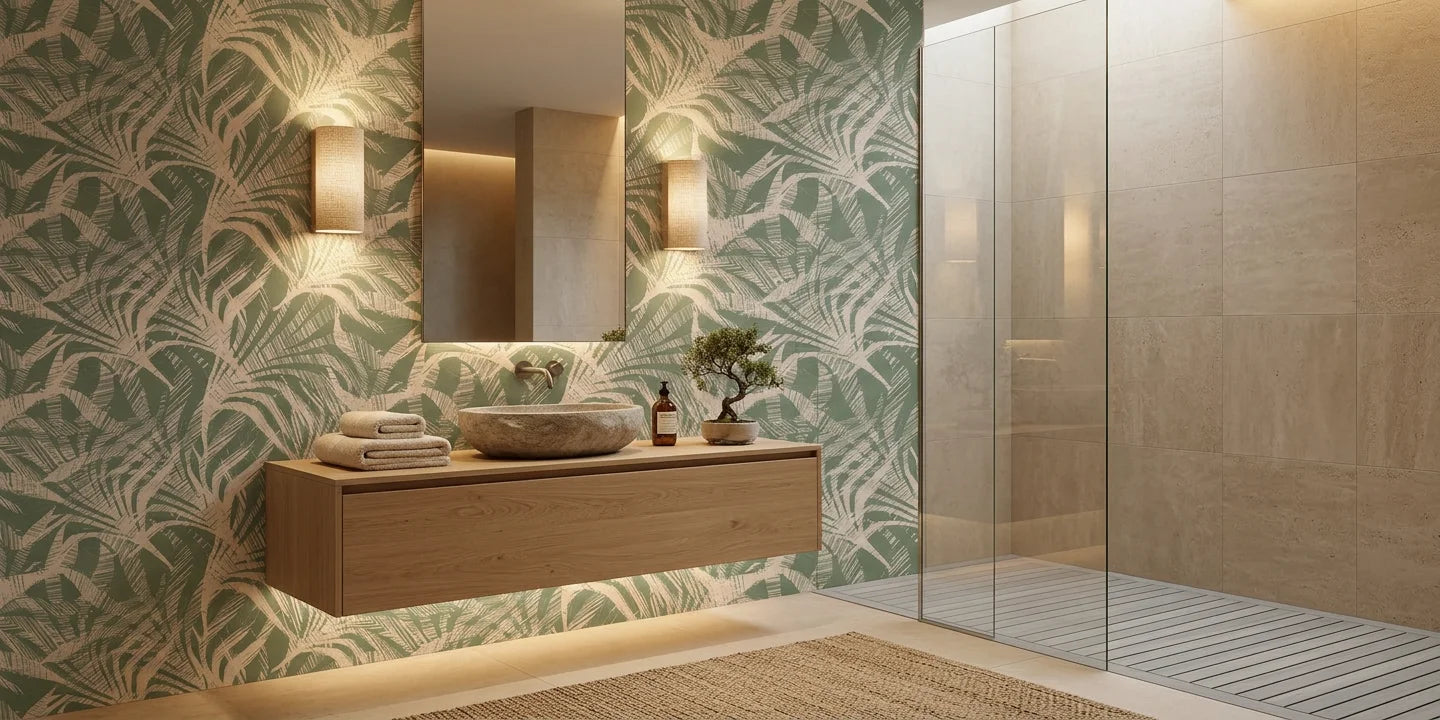 Emerald Whispers delicate leaf wallpaper creating ambiance in a serene bathroom