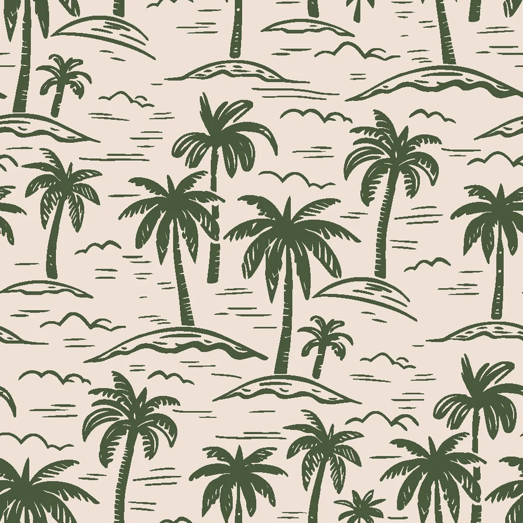 Hand-drawn green palm tree pattern on self-adhesive coastal wallpaper