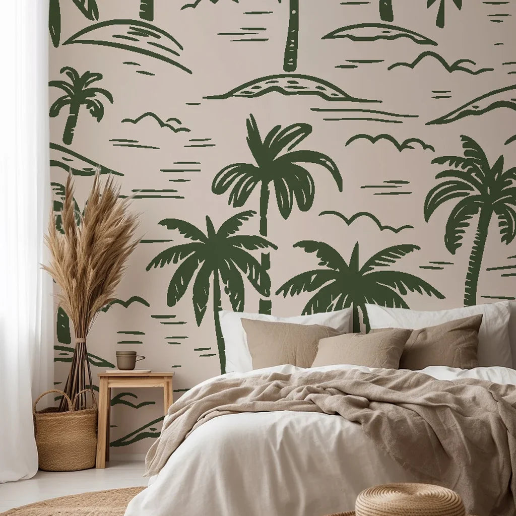 Removable wallpaper featuring a green hand-drawn coastal palm tree design
