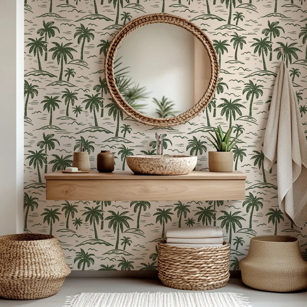 Coastal green palm tree sketch pattern on removable wallpaper