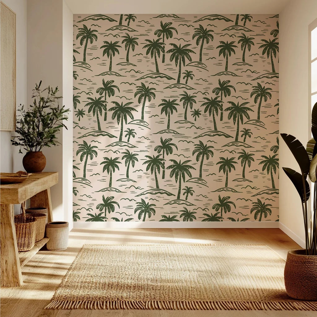 Green coastal palm tree illustration on self-adhesive wallpaper