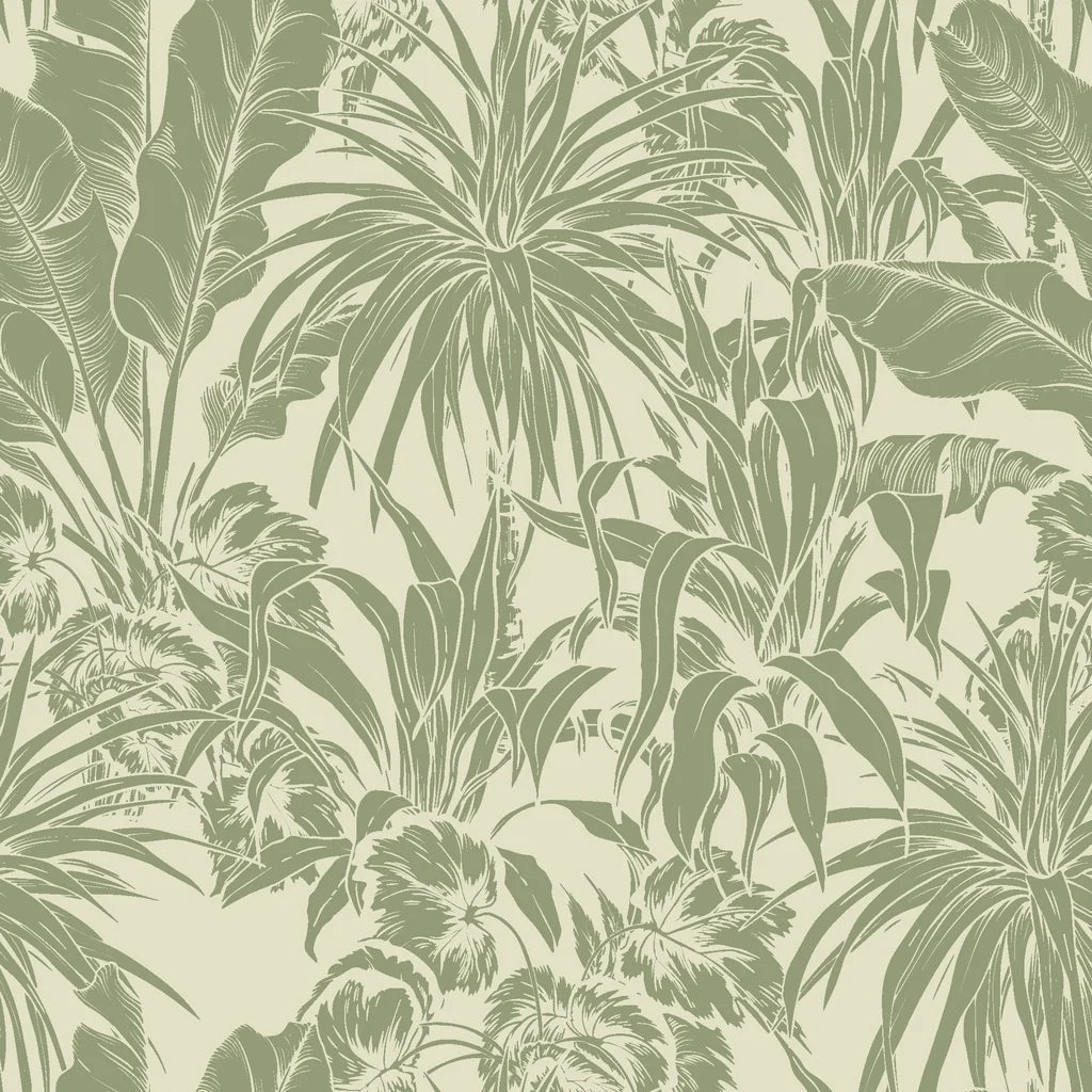 Monochromatic tropical leaves in muted sage green on a vintage self-adhesive wallpaper