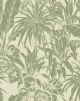 Monochromatic tropical leaves in muted sage green on a vintage self-adhesive wallpaper