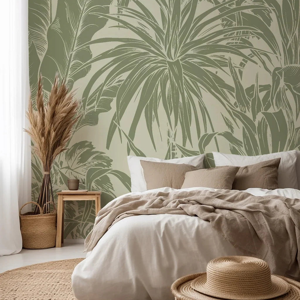 Retro sage green jungle leaf pattern on self-adhesive wallpaper