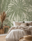 Retro sage green jungle leaf pattern on self-adhesive wallpaper