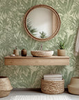 Vintage sage green tropical leaves wallpaper in a monochromatic style with peel and stick application