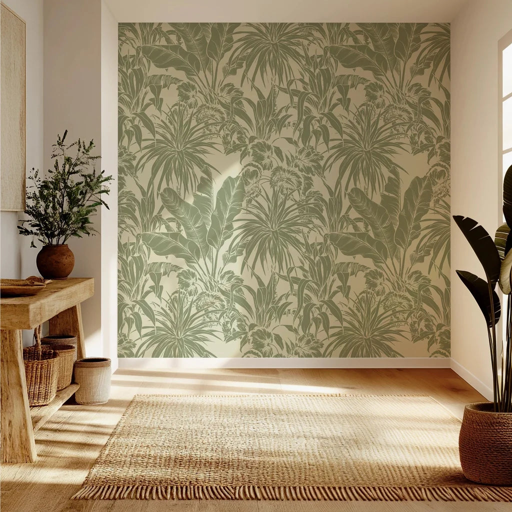 Antique-style tropical leaves on a sage green self-adhesive wallpaper background