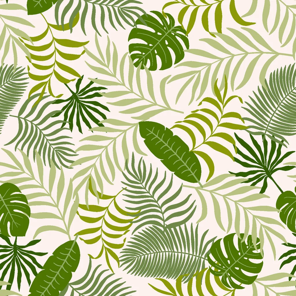 Removable wallpaper featuring vibrant green monstera and palm leaves in a tropical pattern