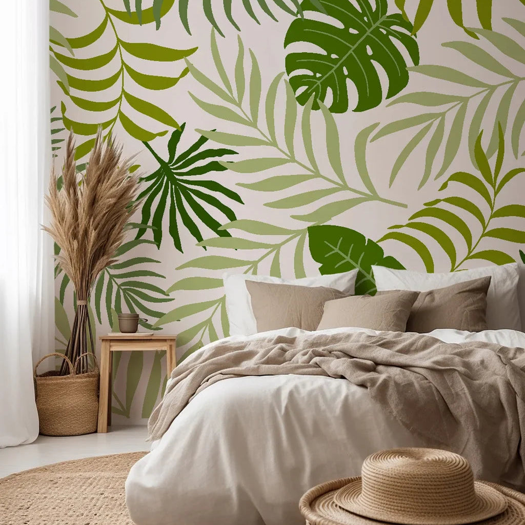 Vibrant tropical wallpaper featuring green monstera deliciosa and palm fronds in a peel-and-stick design.