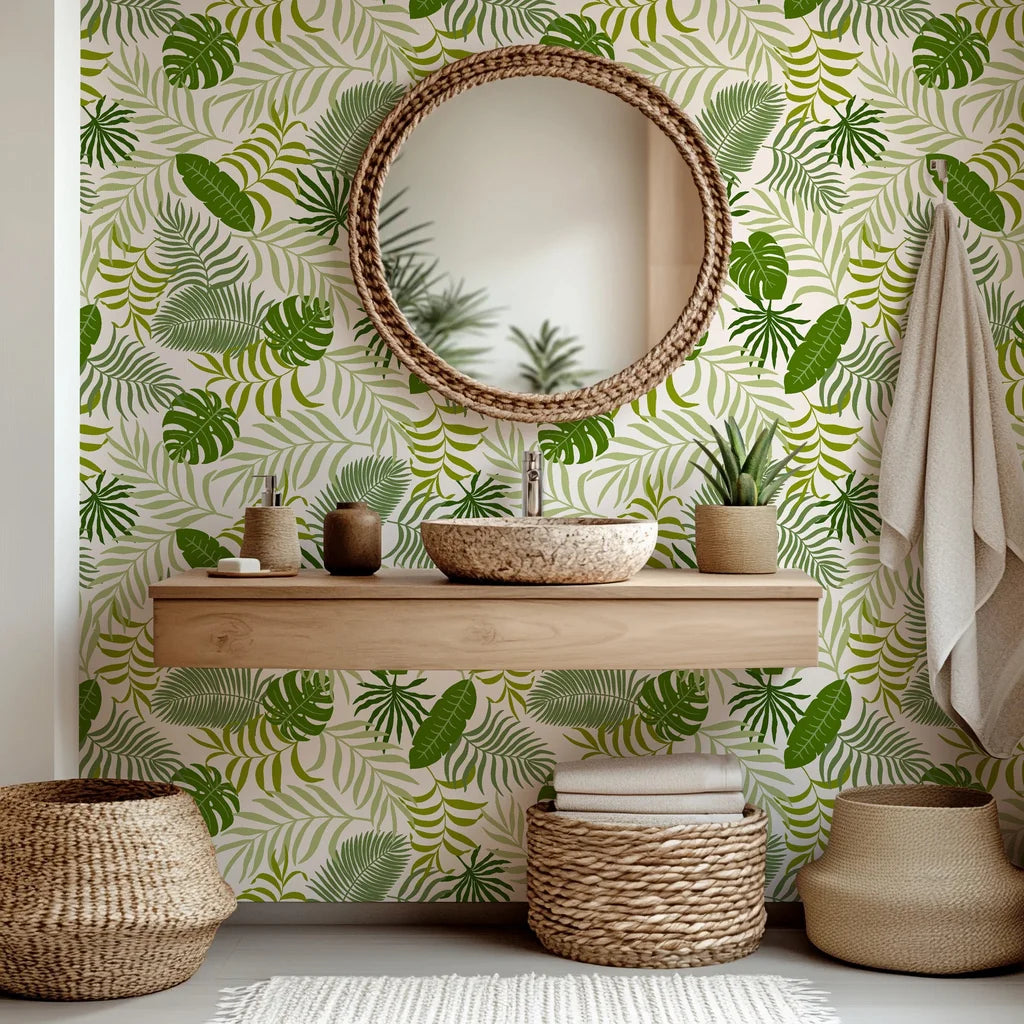 Tropical wall decal featuring vibrant green monstera and palm foliage