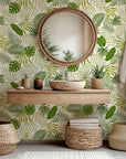 Tropical wall decal featuring vibrant green monstera and palm foliage