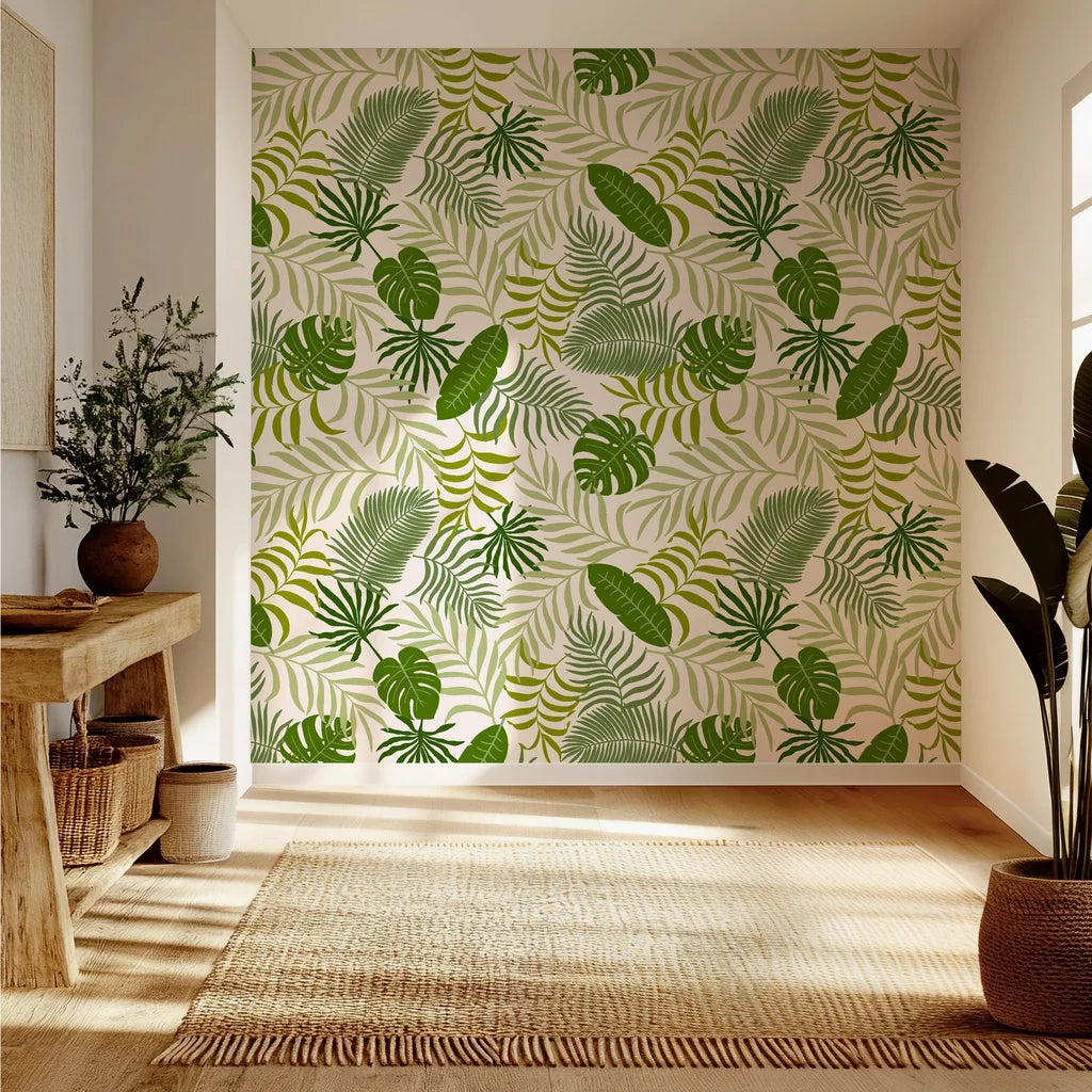Vibrant green tropical palm and monstera foliage on self-adhesive wallpaper
