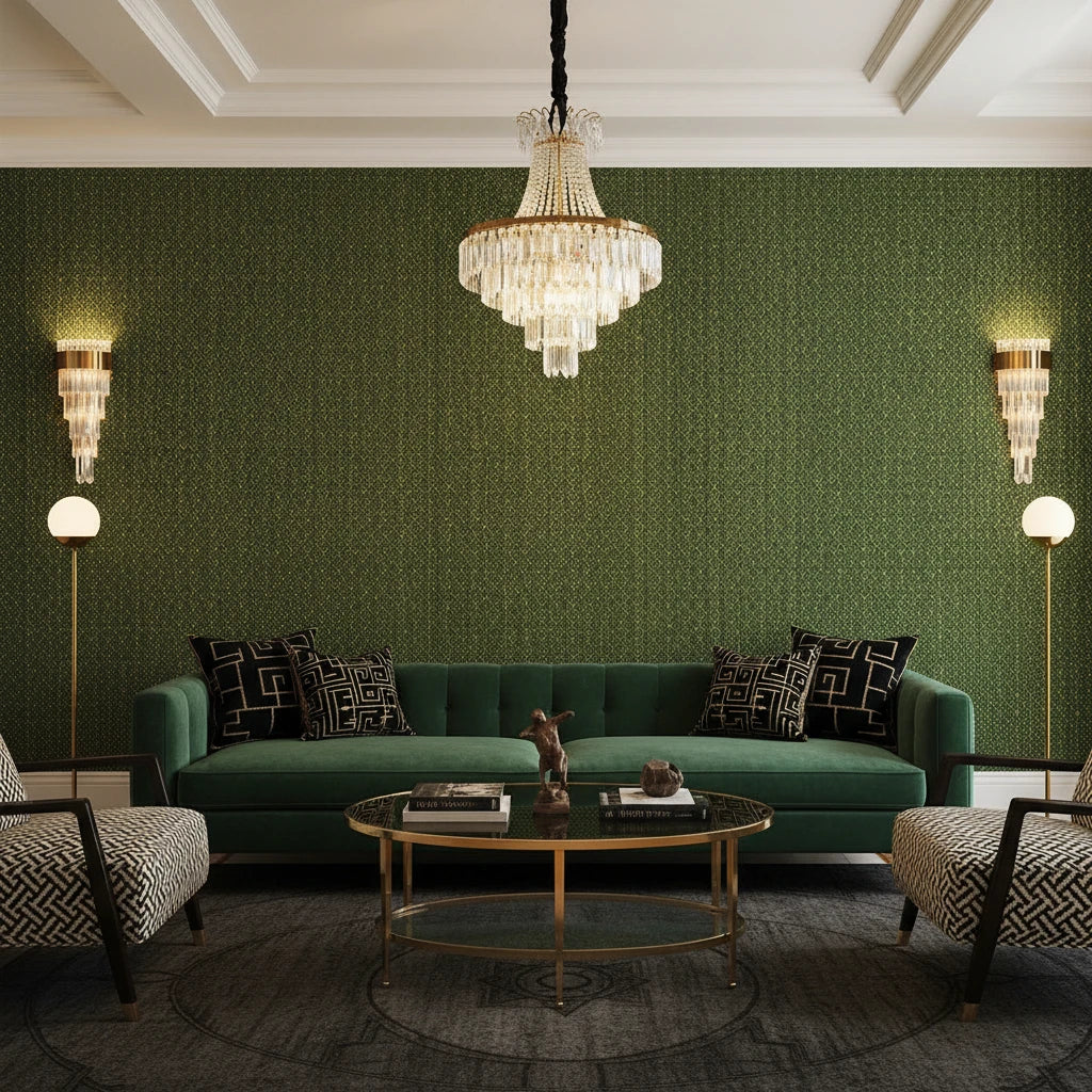 Emerald Deco emerald green art deco wallpaper in a warm and inviting living room