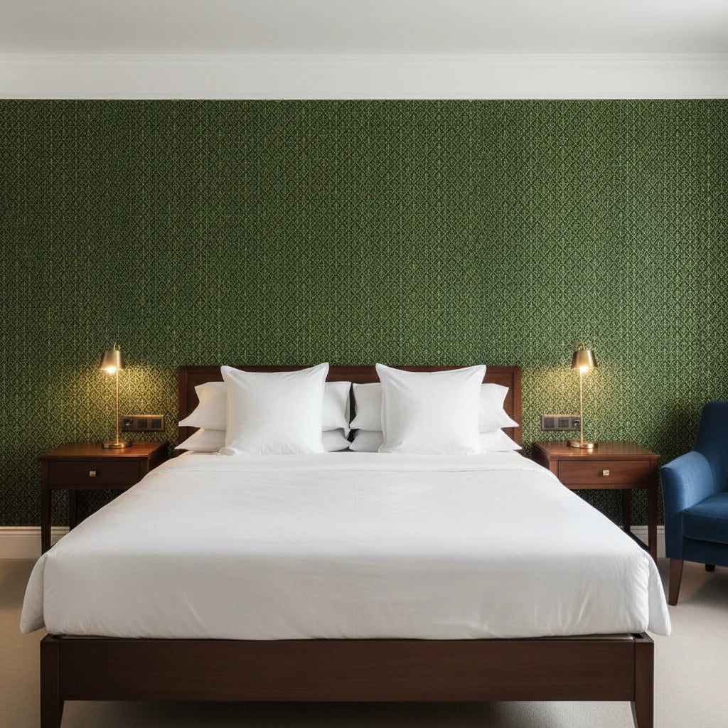 Emerald Deco emerald green art deco wallpaper adding character to a cozy bedroom