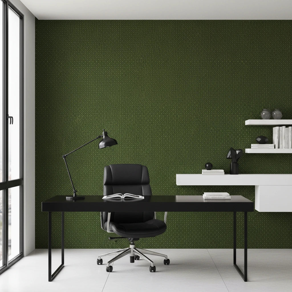 Emerald Deco emerald green art deco wallpaper as a feature wall in a bright home office
