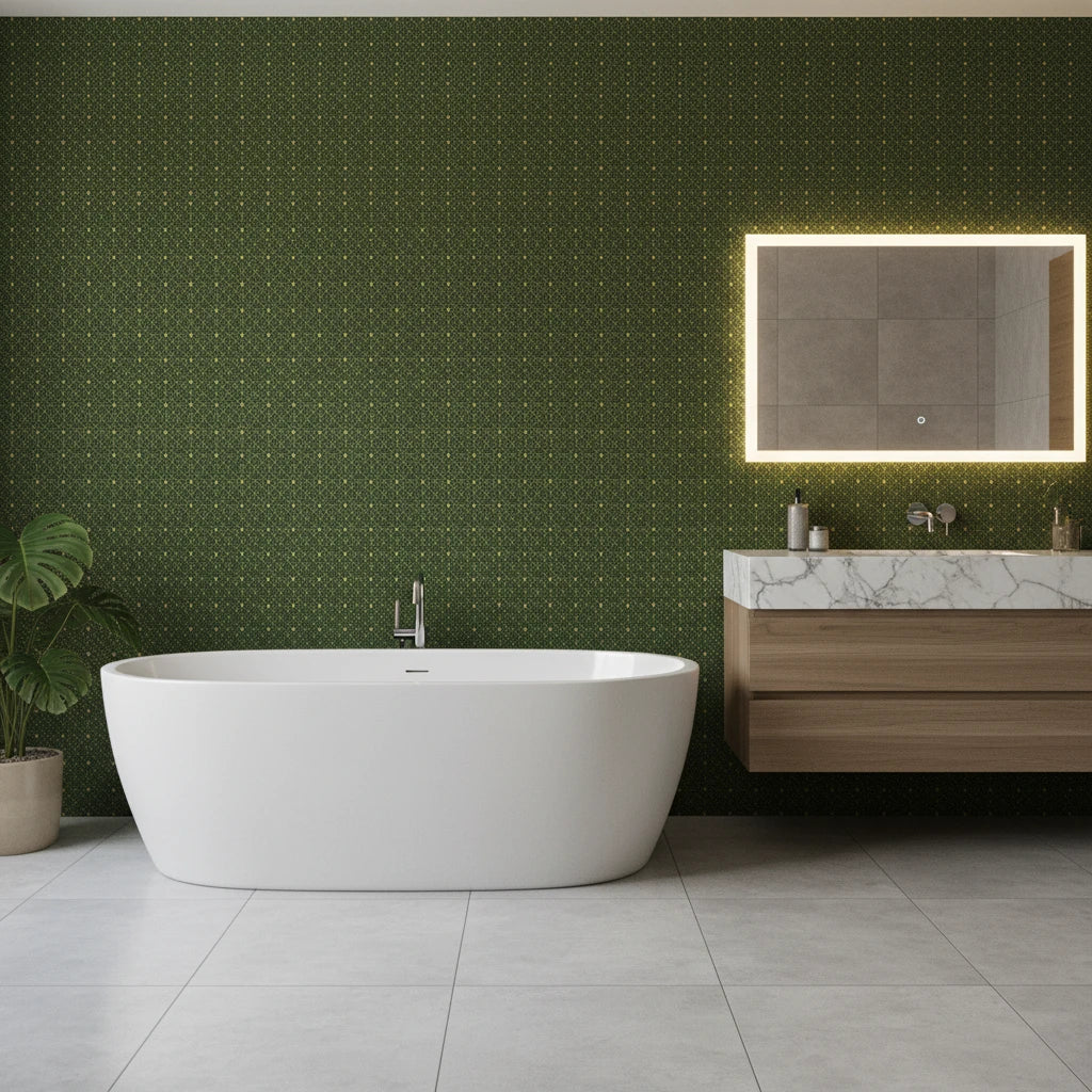 Emerald Deco emerald green art deco wallpaper creating ambiance in a serene bathroom