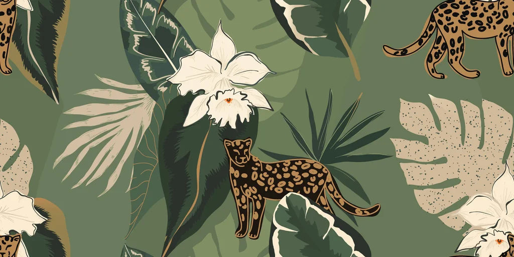 Lush forest background featuring a leopard and white orchids on removable wallpaper.