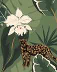 Lush forest background featuring a leopard and white orchids on removable wallpaper.