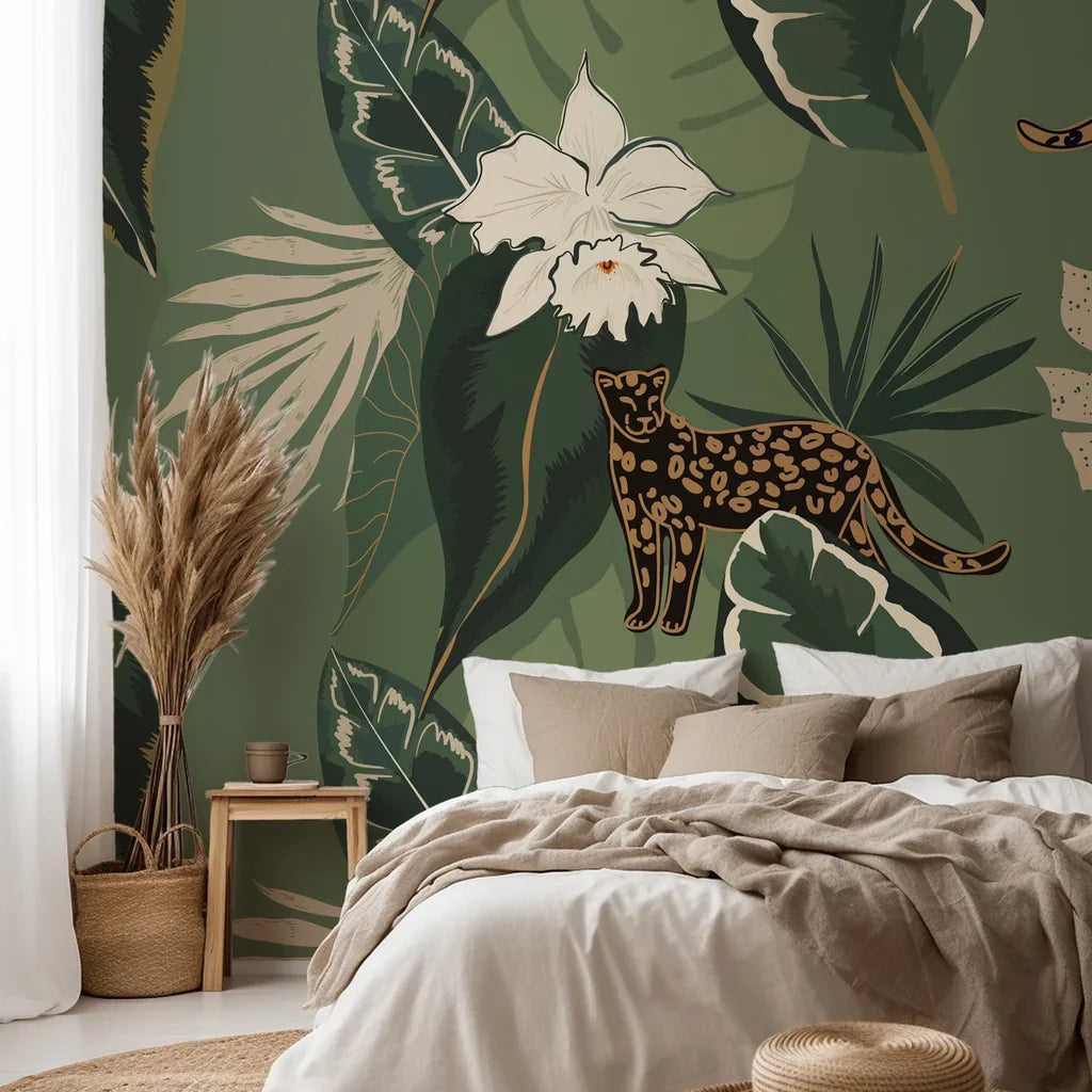 Self-adhesive wallpaper featuring wild leopards and white orchids against a deep green jungle backdrop