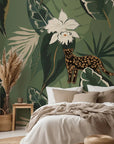 Self-adhesive wallpaper featuring wild leopards and white orchids against a deep green jungle backdrop
