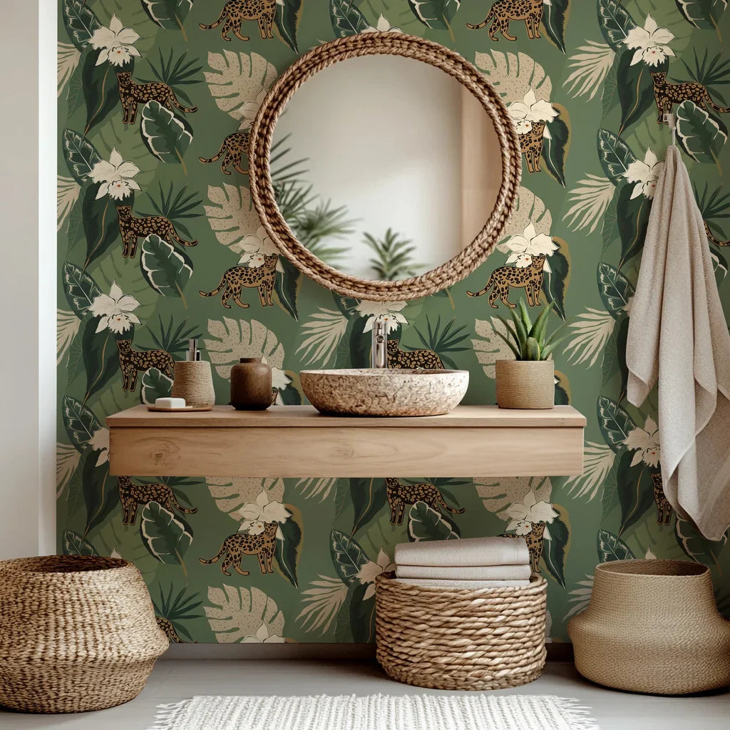 Deep green tropical wallpaper with jungle leopards and white orchid flowers