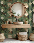 Deep green tropical wallpaper with jungle leopards and white orchid flowers