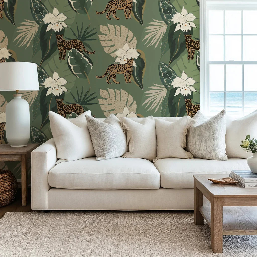 Self-adhesive wallpaper featuring leopards and white orchid flowers in a lush dark green jungle setting