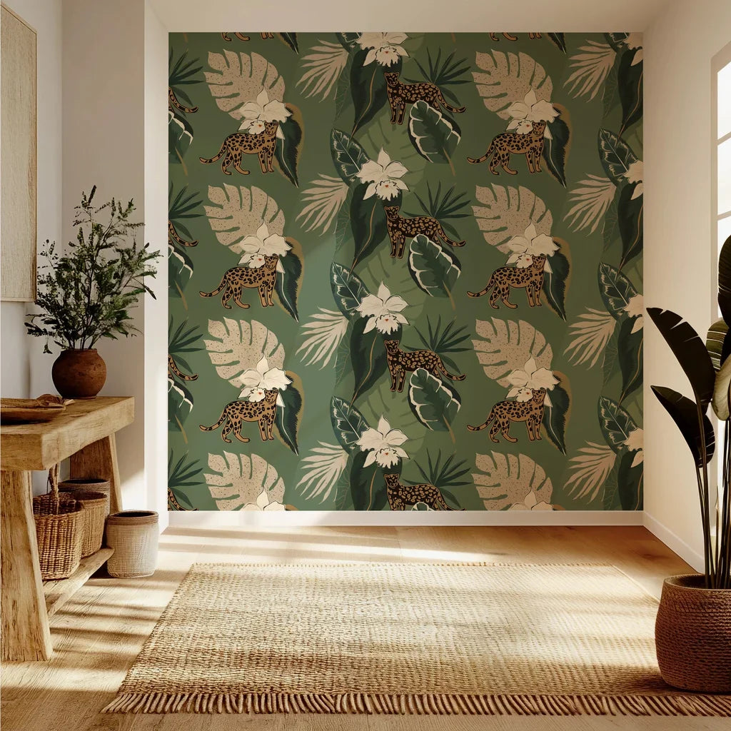 Peel and stick wall covering featuring leopards and white orchids on a dark green jungle backdrop