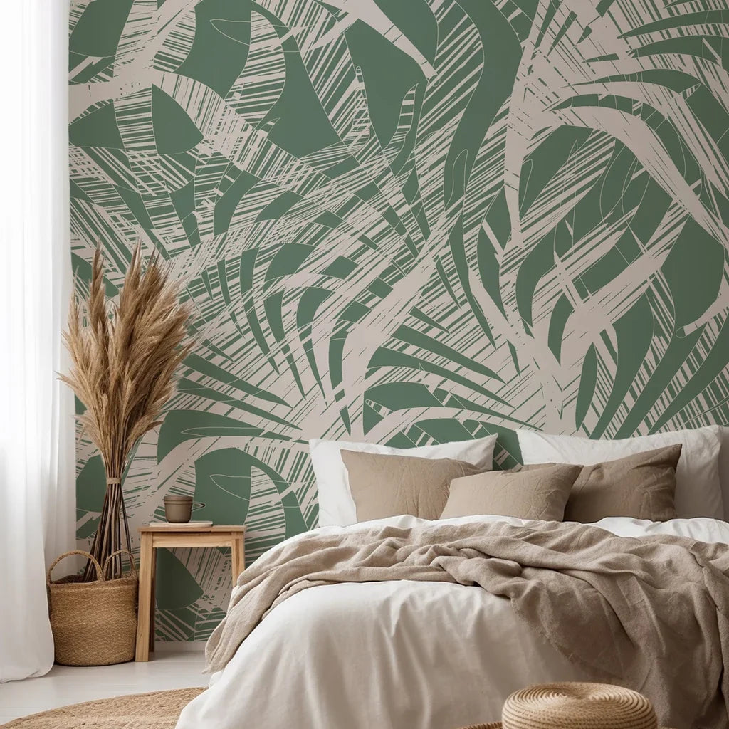 Abstract palm leaf pattern in sage green and cream peel and stick wallpaper design